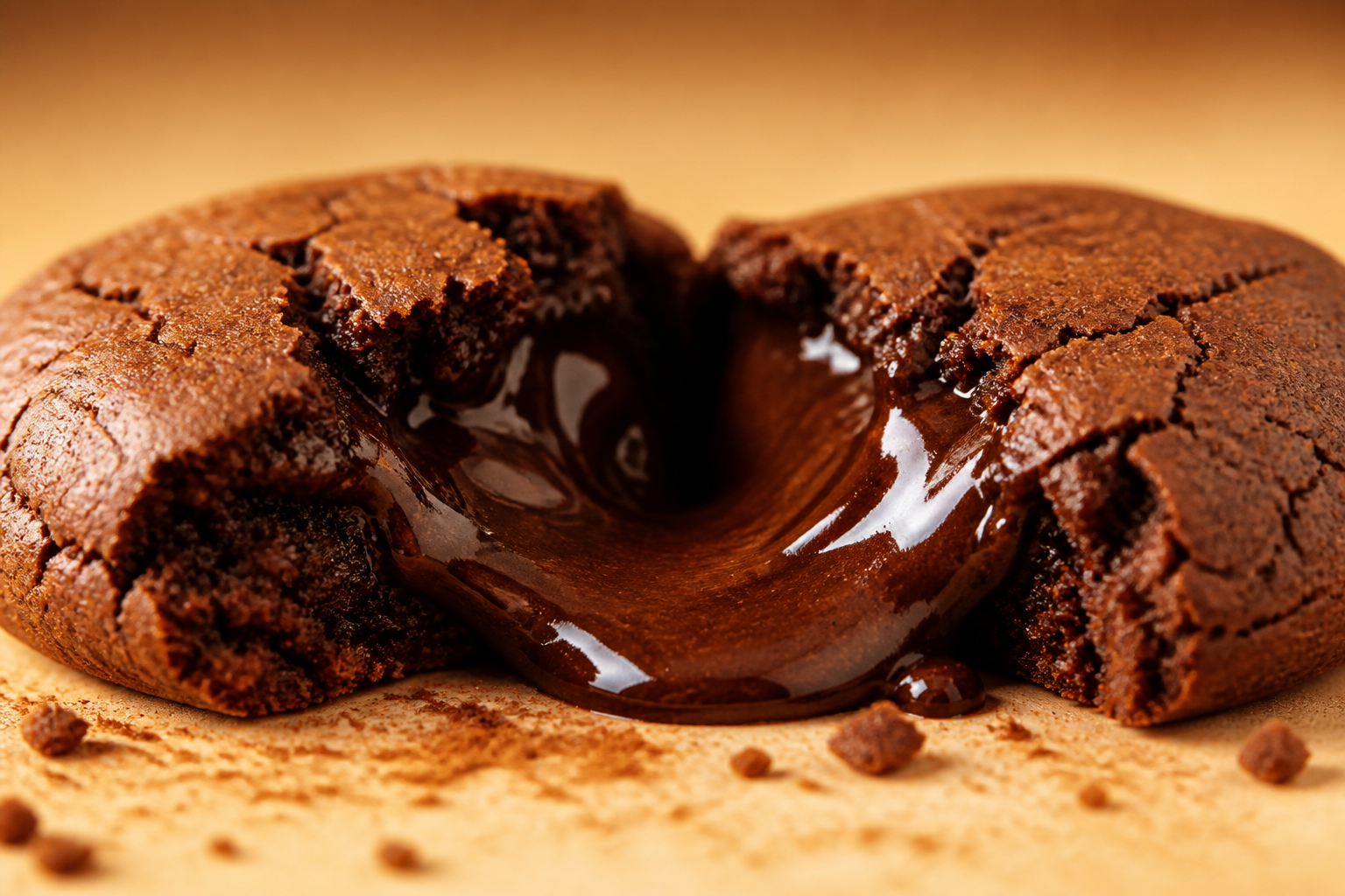 Lava Bites cookie broken open with molten chocolate flowing